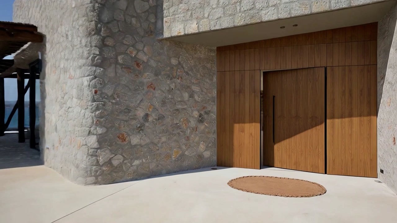 Fachada de piedra y entrada de madera de Adytum Villas