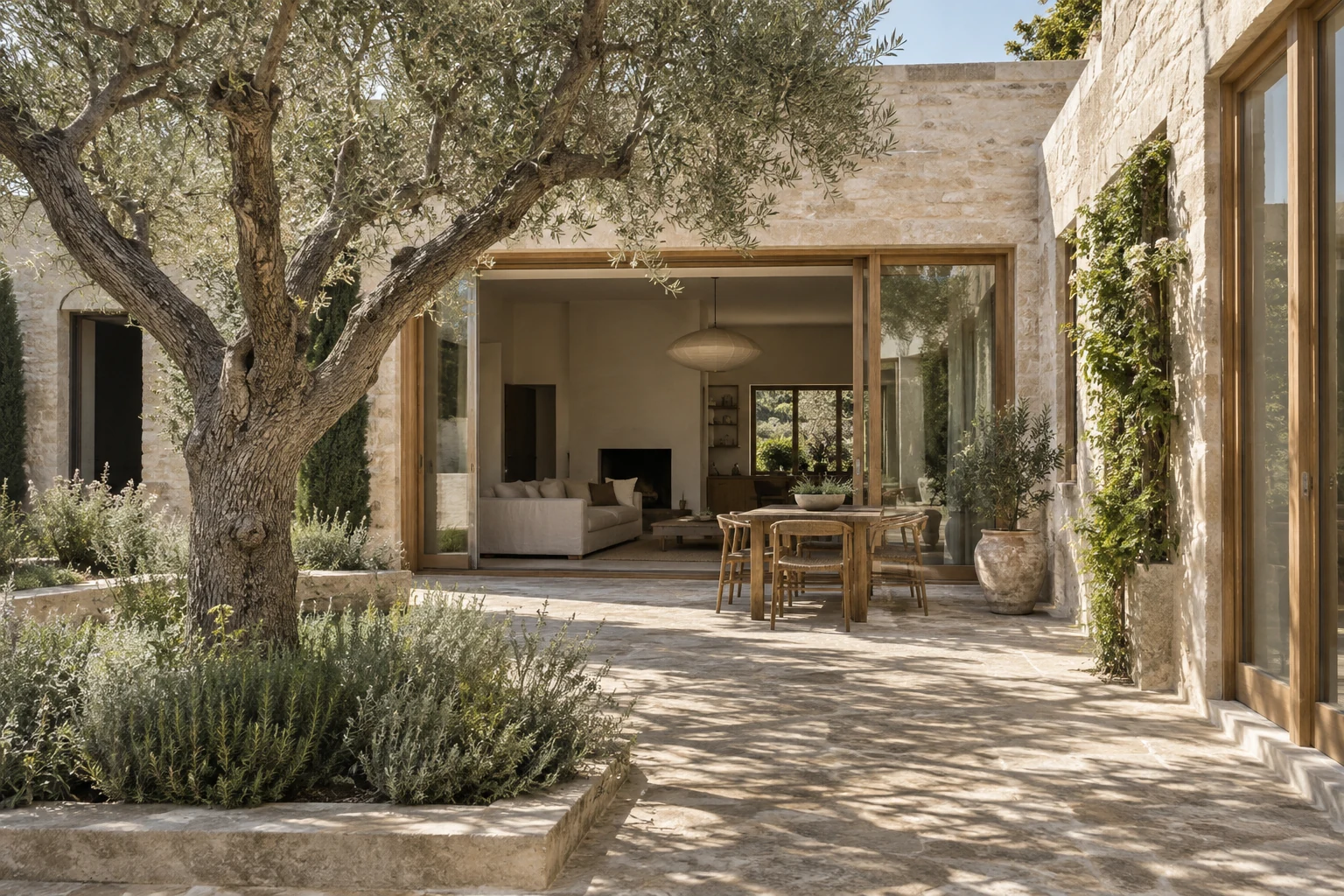 Luz natural sobre un patio de piedra caliza y un salón con estructura de roble